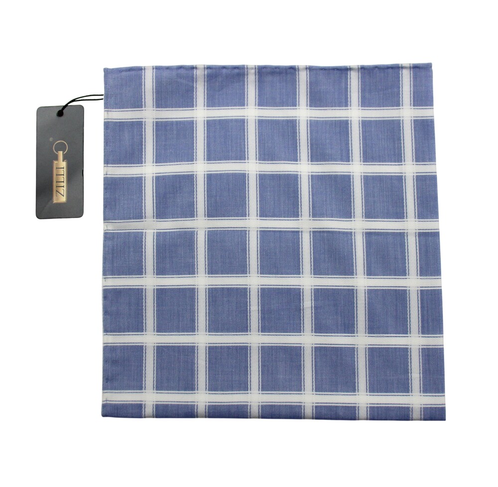 Zilli Pocket Square Mens Sky Blue White Cotton Plaid Check Made France Luxury